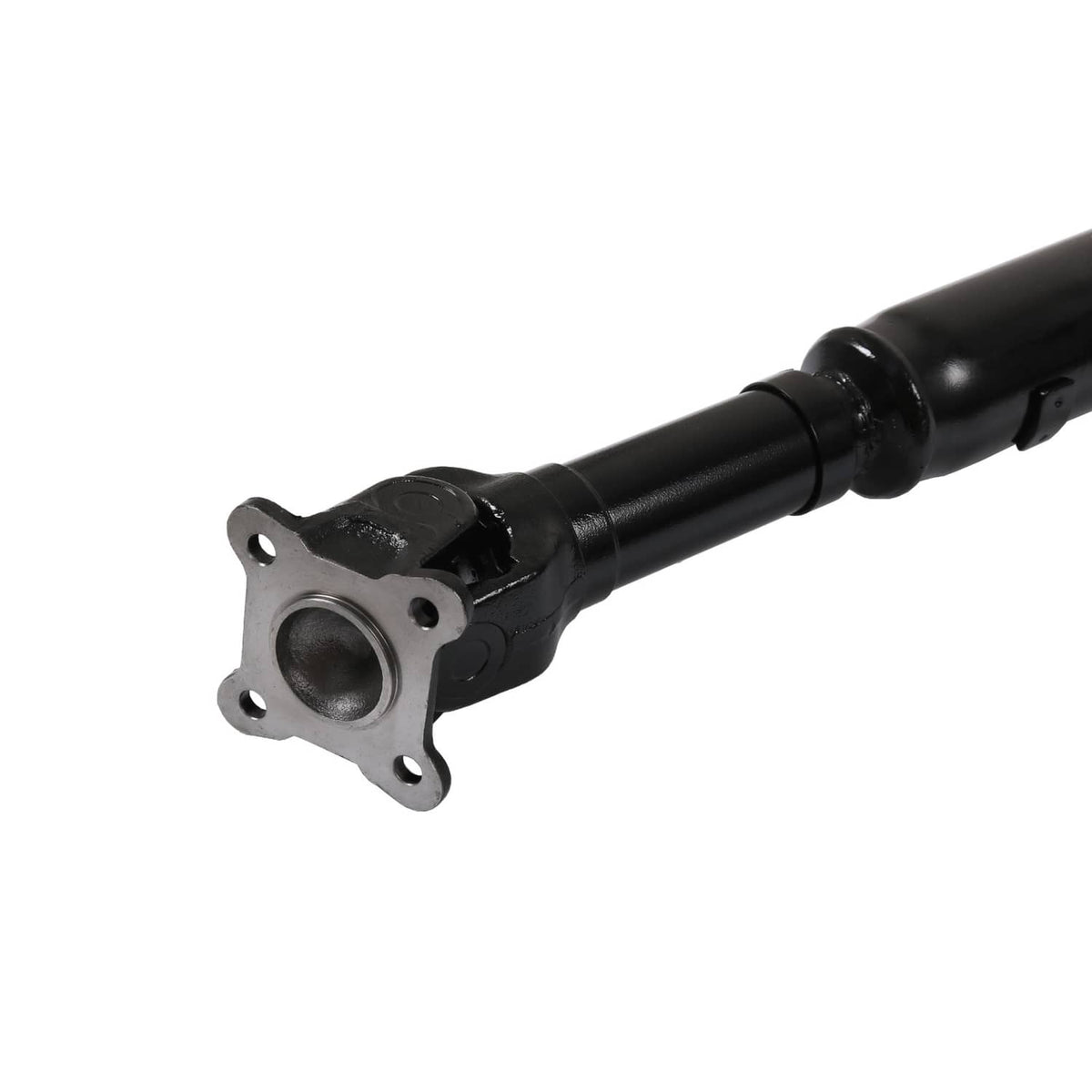 Rear driveshaft with circular mounting flange and bolt holes, black metal