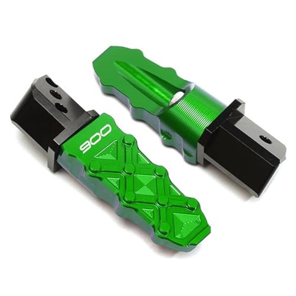 Green motorcycle frame sliders, anodized metal pair with base mounting brackets