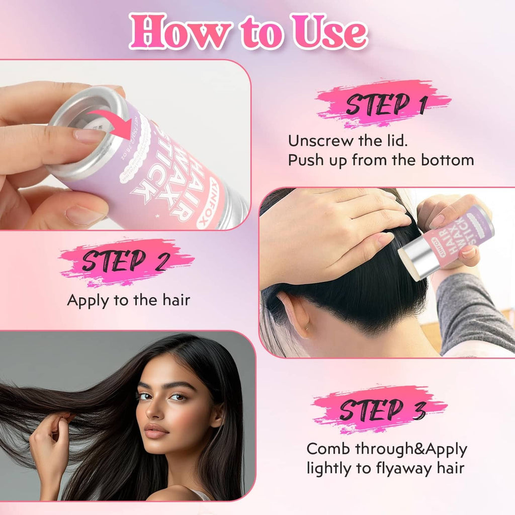 Hair wax stick use steps: unscrew lid, push up, apply, comb lightly