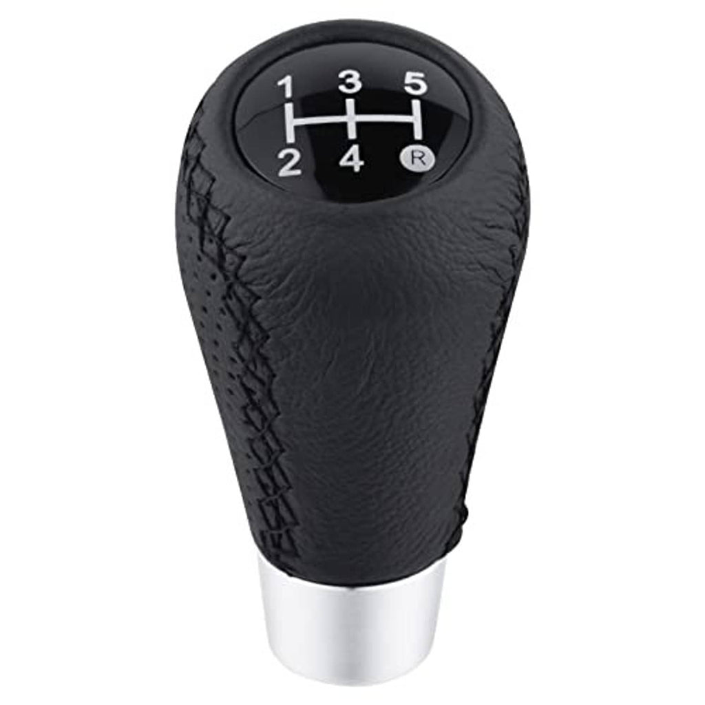 Black leather 5-speed car shifter knob with silver base and molded shift numbers