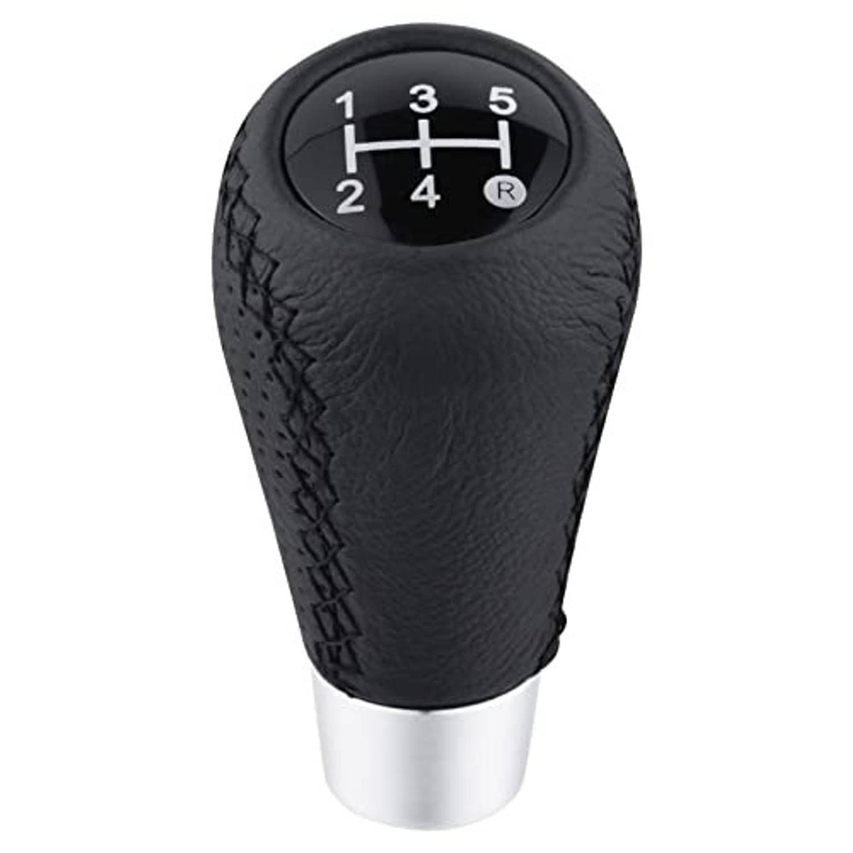 Black leather 5-speed car shifter knob with silver base and molded shift numbers