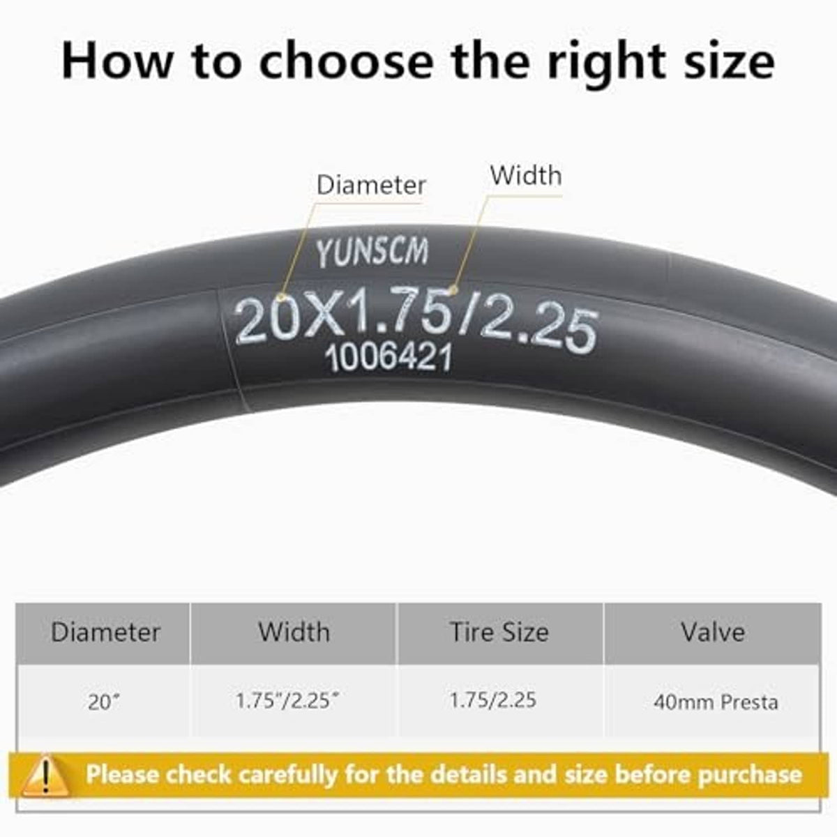 20-inch inner tube size guide for 20x1.75/2.25 with 40mm Presta valve