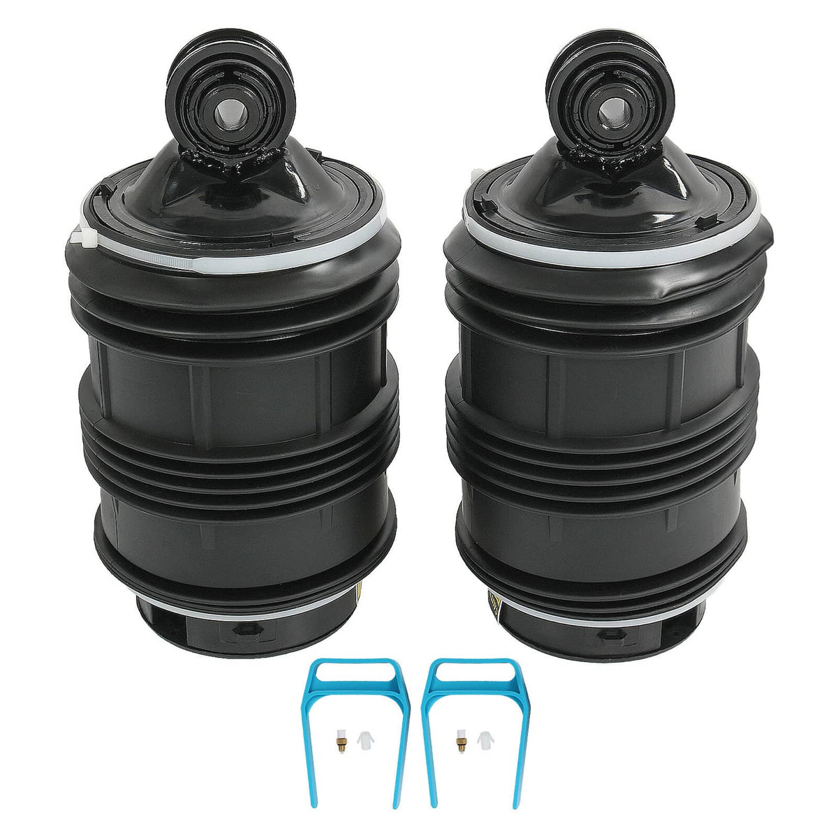 Pair of black rear air suspension springs with blue installation brackets and top caps.