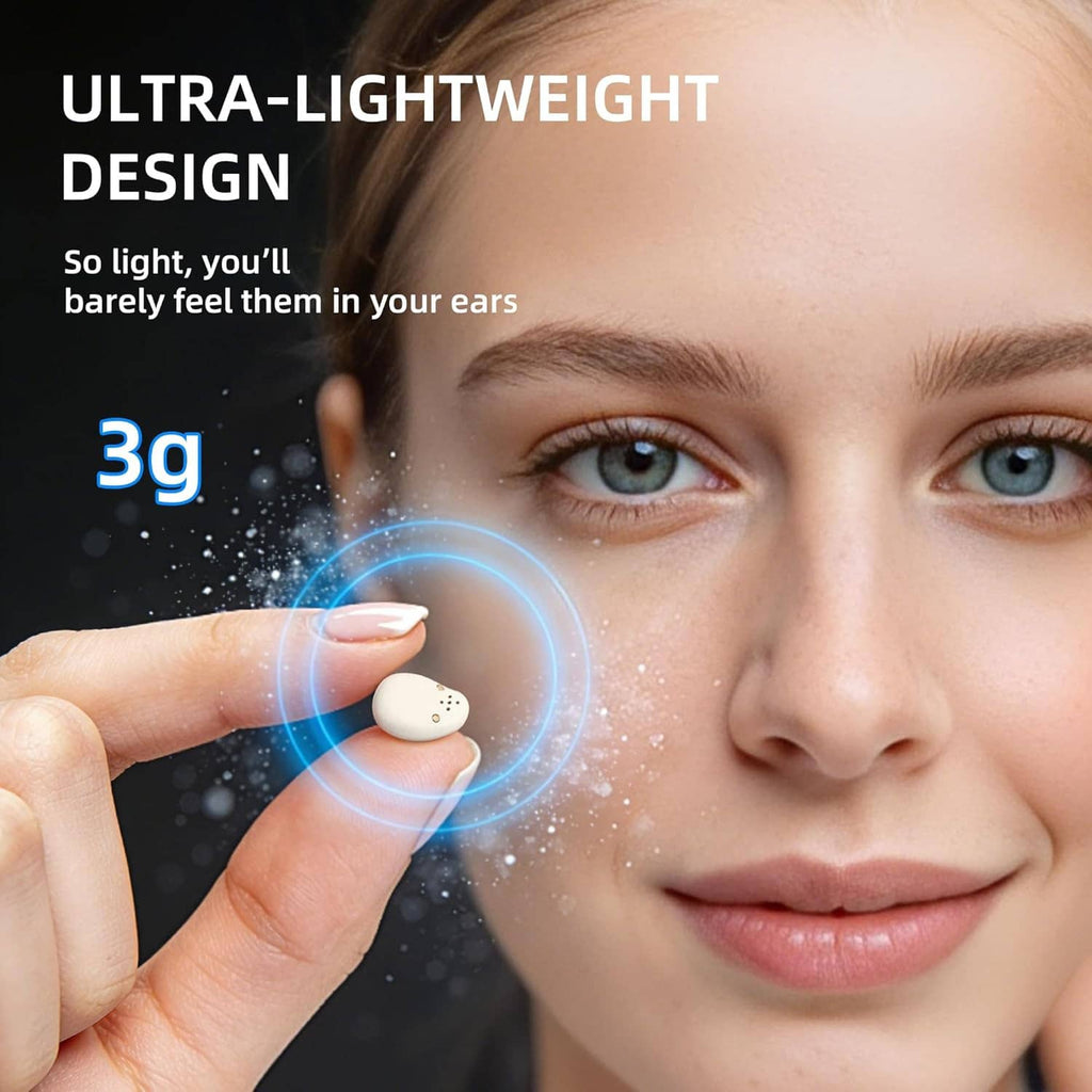 Lightweight white in-ear earbuds held near a person’s ear