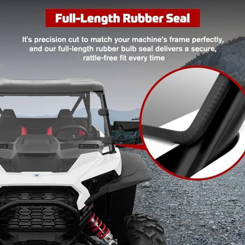 Full-length windshield with black rubber seal edge along the lower frame