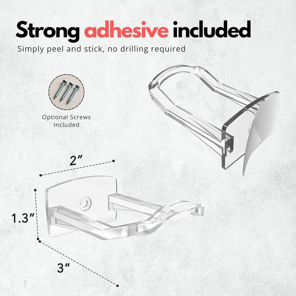 Adhesive cowboy hat wall hook with optional screws and 3-inch and 1.3-inch sizes
