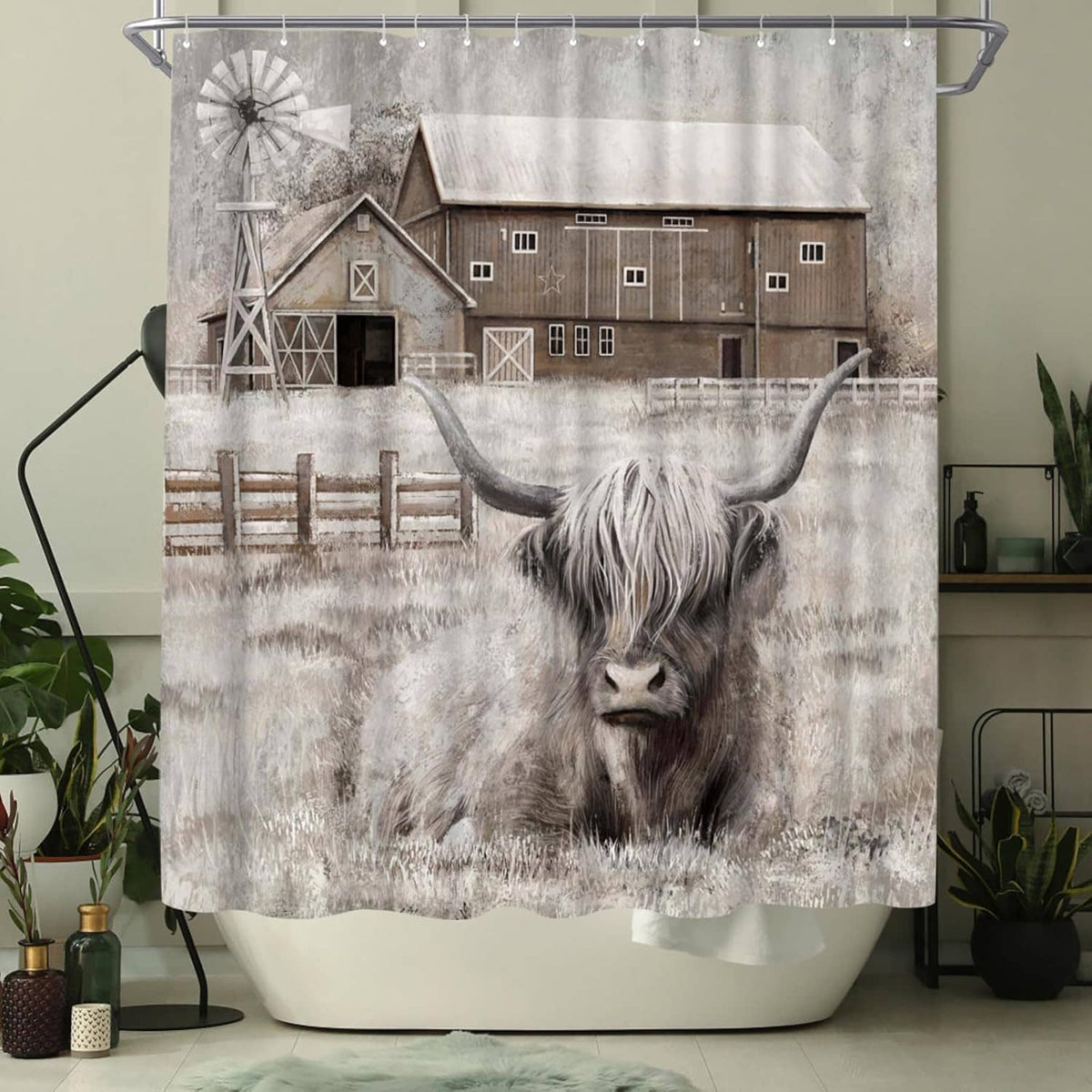Highland cow shower curtain featuring cow face and barn, gray and white design