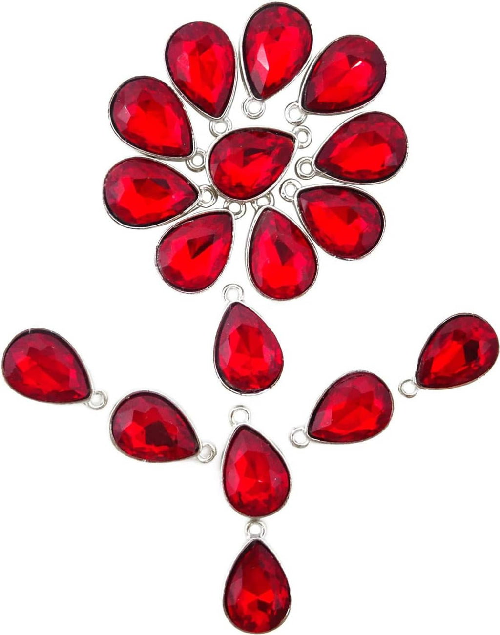 Group of red teardrop crystal charms with silver-tone bail settings, multiple pieces.