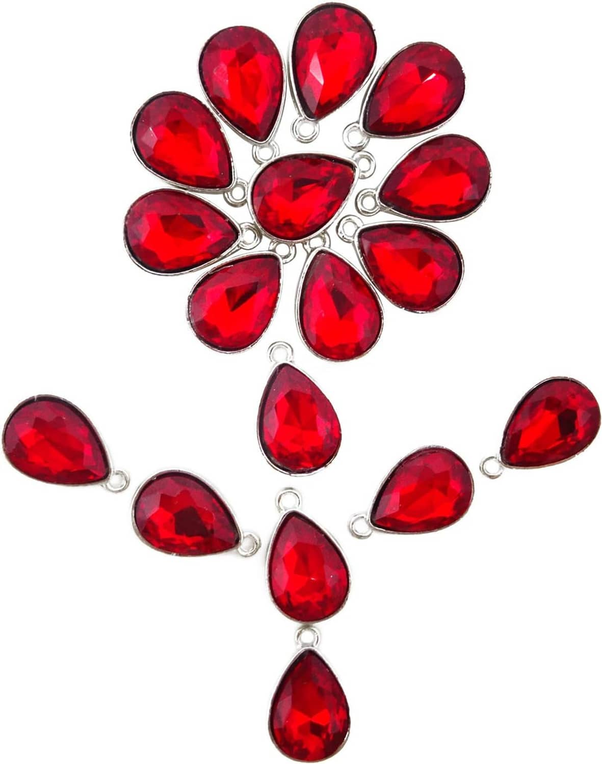 Group of red teardrop crystal charms with silver-tone bail settings, multiple pieces.