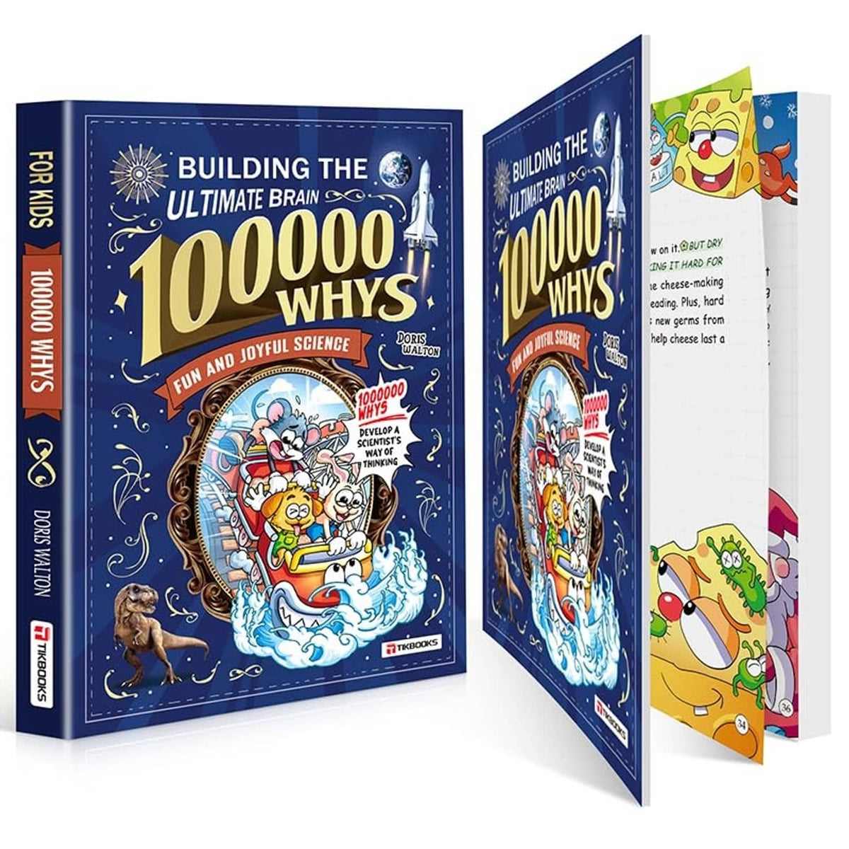 Kids science encyclopedia book opened, showing illustrated inside pages and “100000 Whys” cover