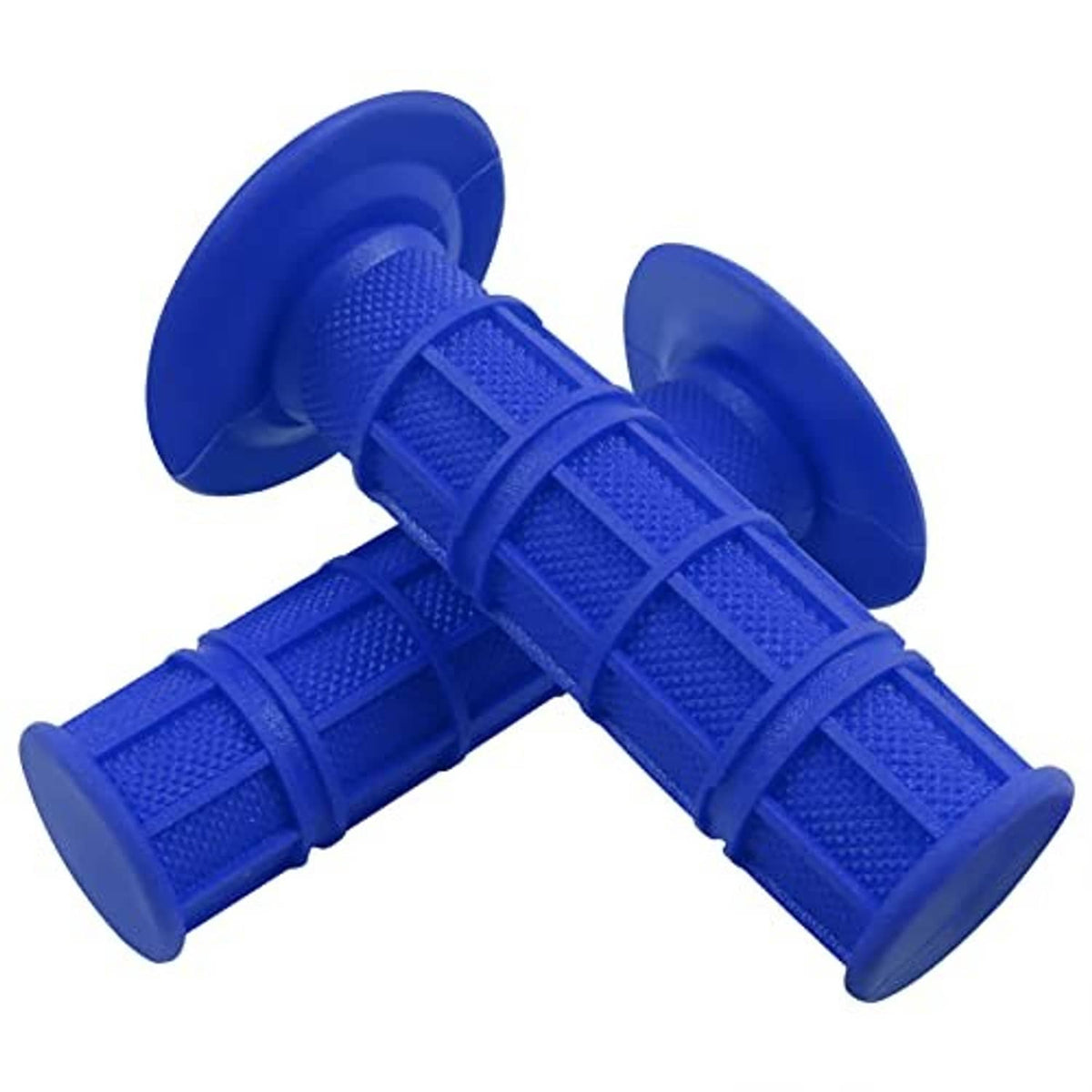 Pair of blue non-slip motorcycle handlebar grips with ribbed textured center