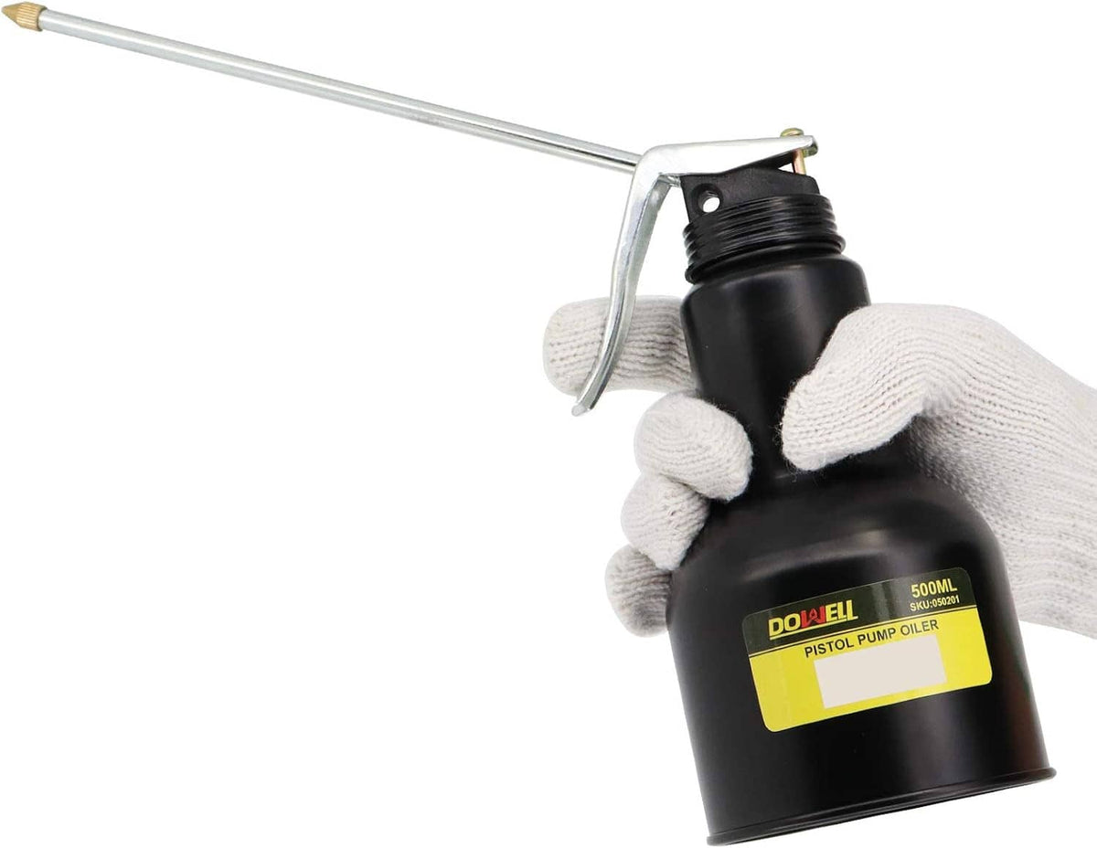 Black metal oil can with straight metal spout, brass nozzle and trigger handle