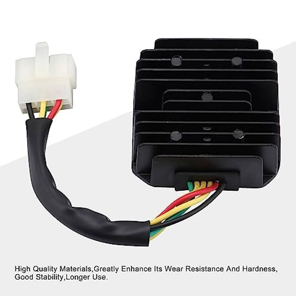 Black voltage regulator rectifier with vented fins and white 6-pin connector plug