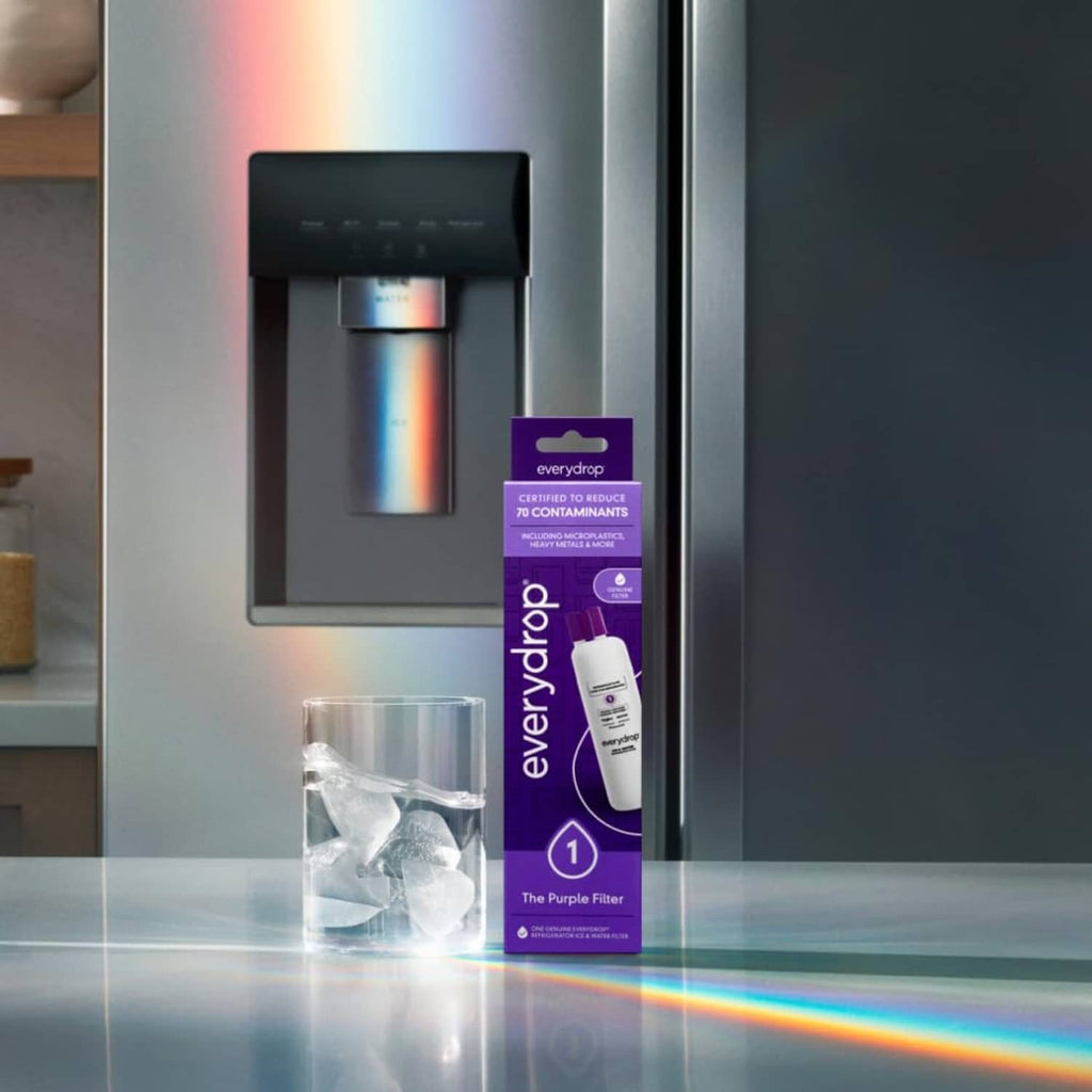 everydrop replacement water filter box and cartridge beside ice cubes