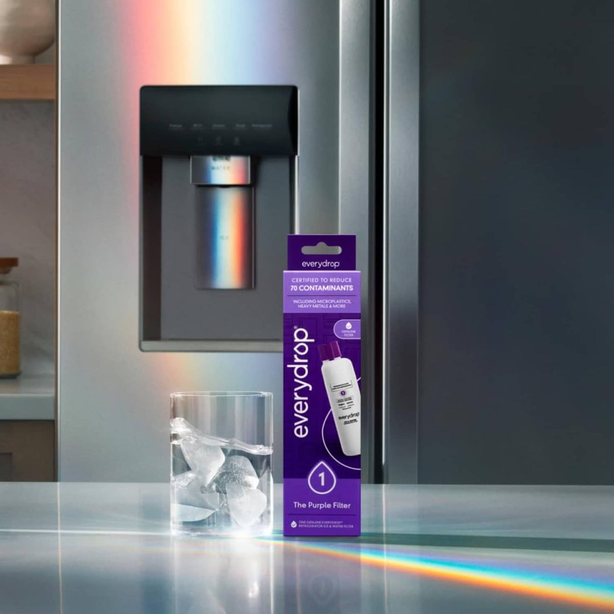 everydrop replacement water filter box and cartridge beside ice cubes