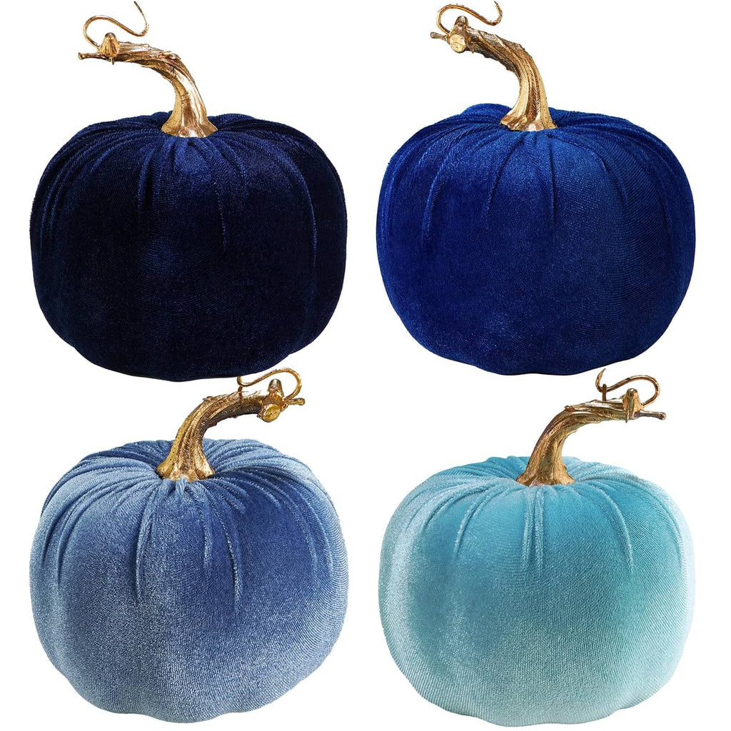 Set of four blue faux velvet pumpkins with gold stems and hanging loops, assorted shades