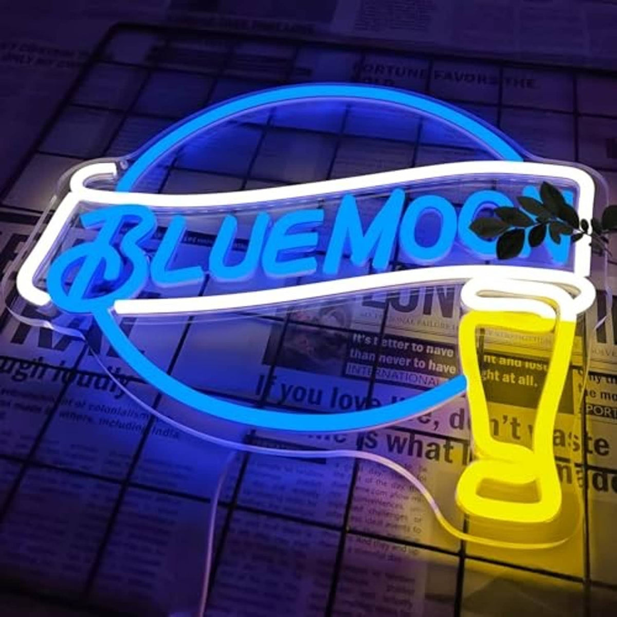 Neon beer sign with blue glowing moon ring, BLUEMO letters, and yellow beer mug on white frame