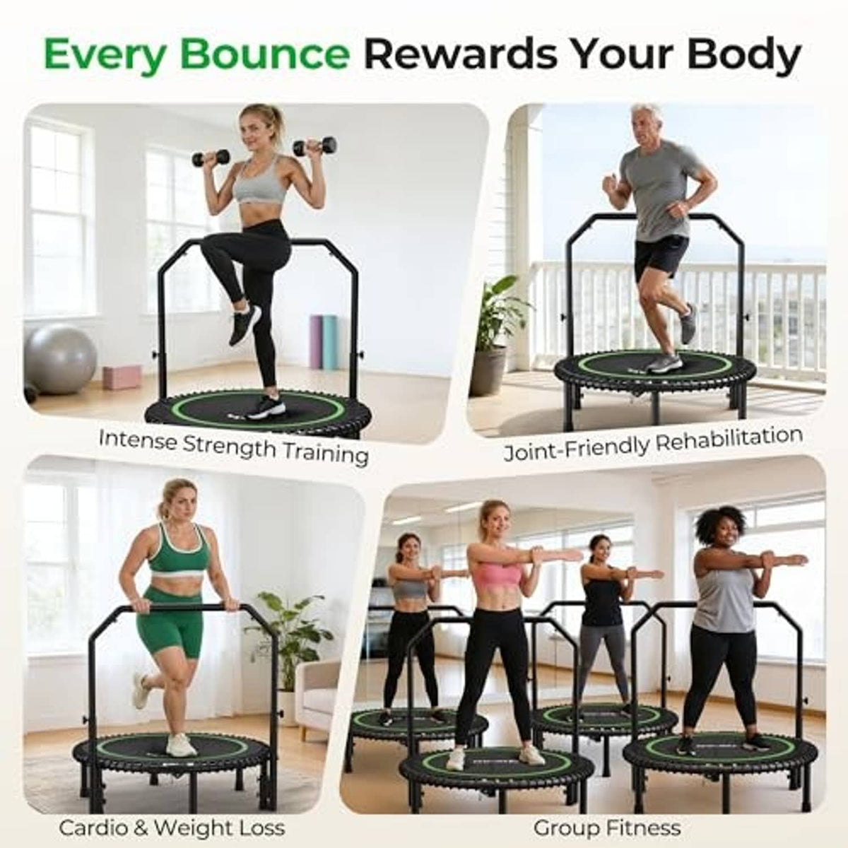 Group exercise trampoline set with black frame and green rebound surface