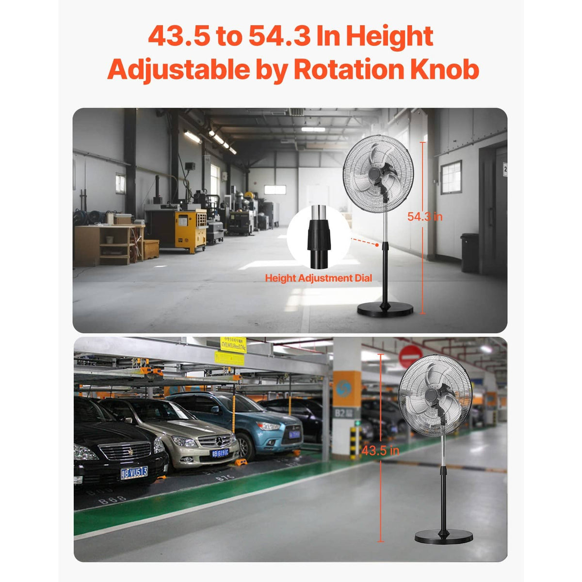 Adjustable-height pedestal fan with height adjustment dial and stand