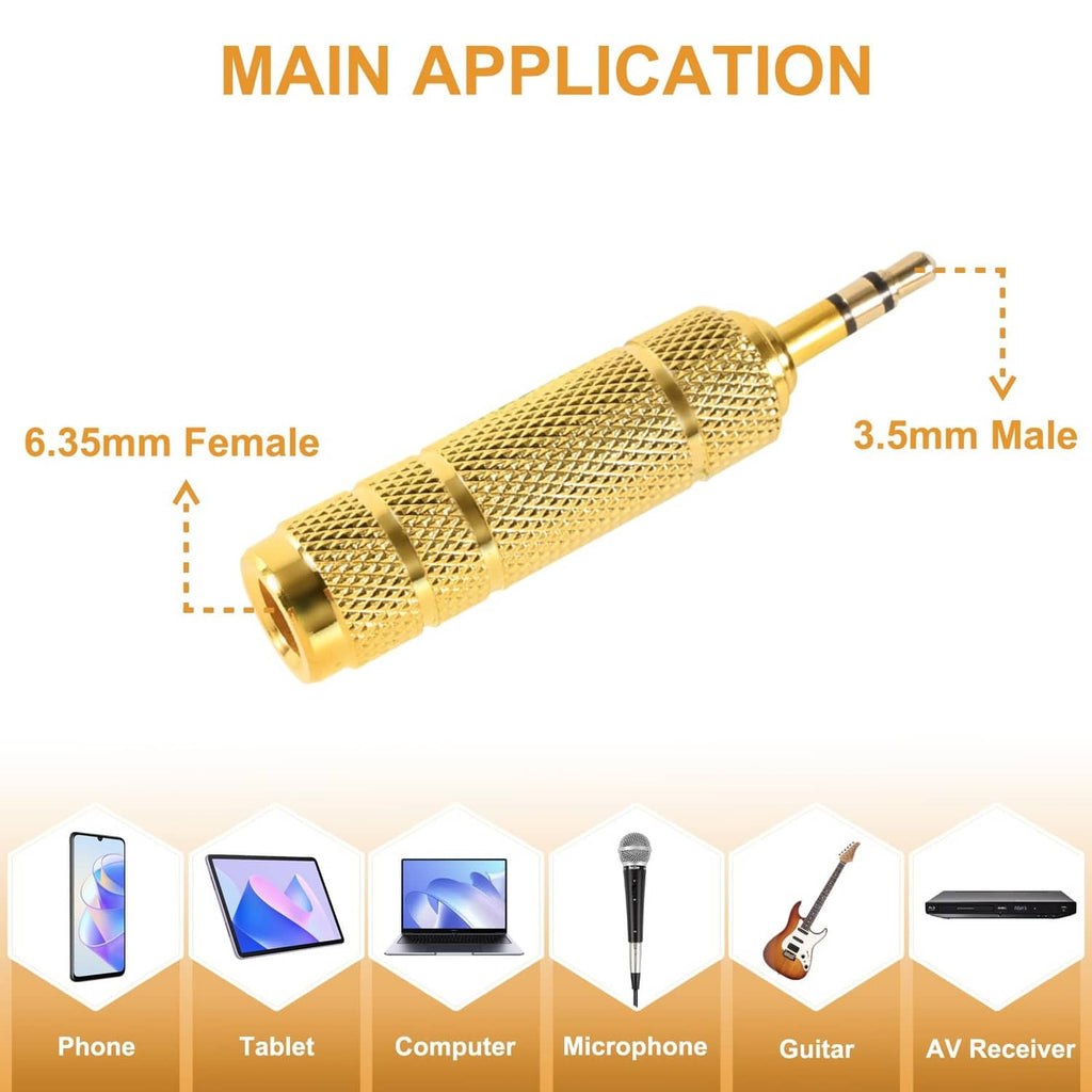 Gold 3.5mm to 6.35mm headphone jack adapter plug with knurled metal housing