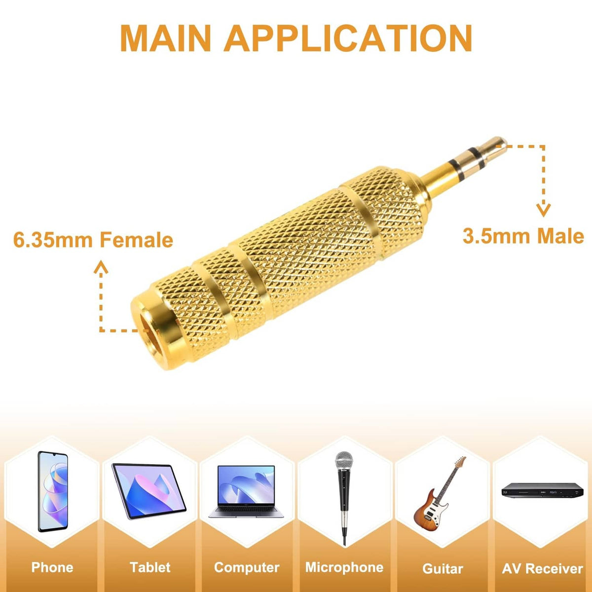 Gold 3.5mm to 6.35mm headphone jack adapter plug with knurled metal housing