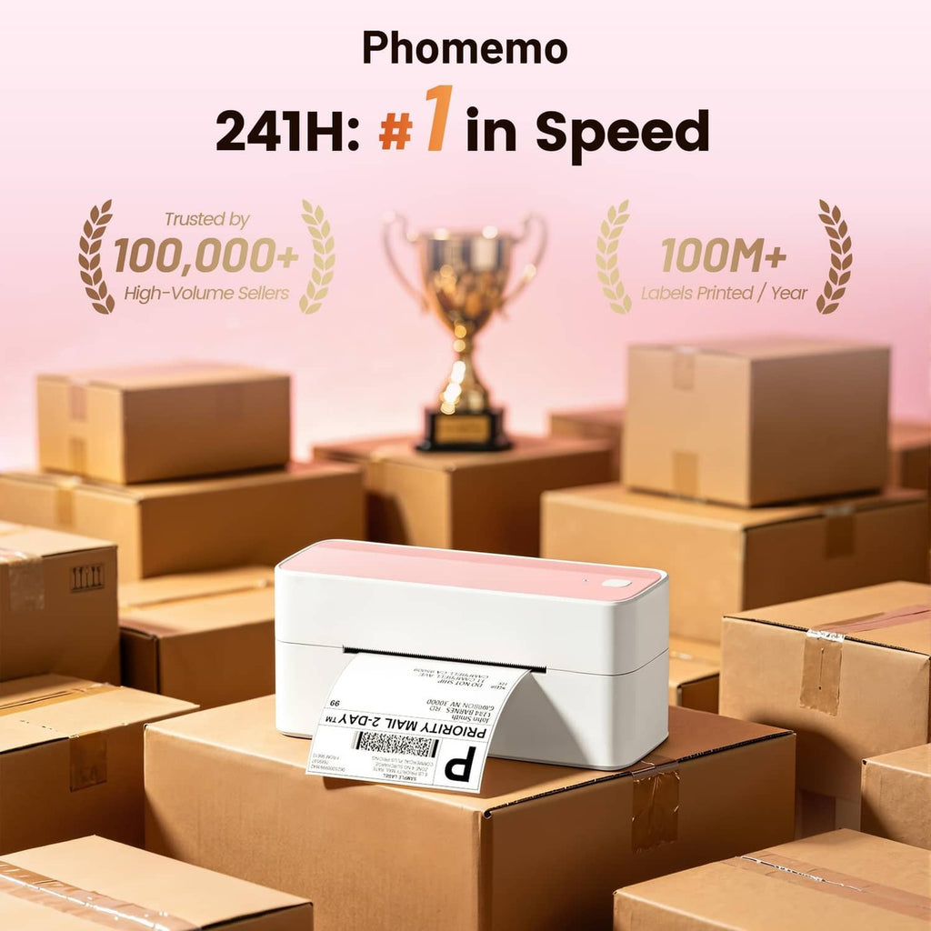 Pink-and-white label printer sitting on shipping boxes