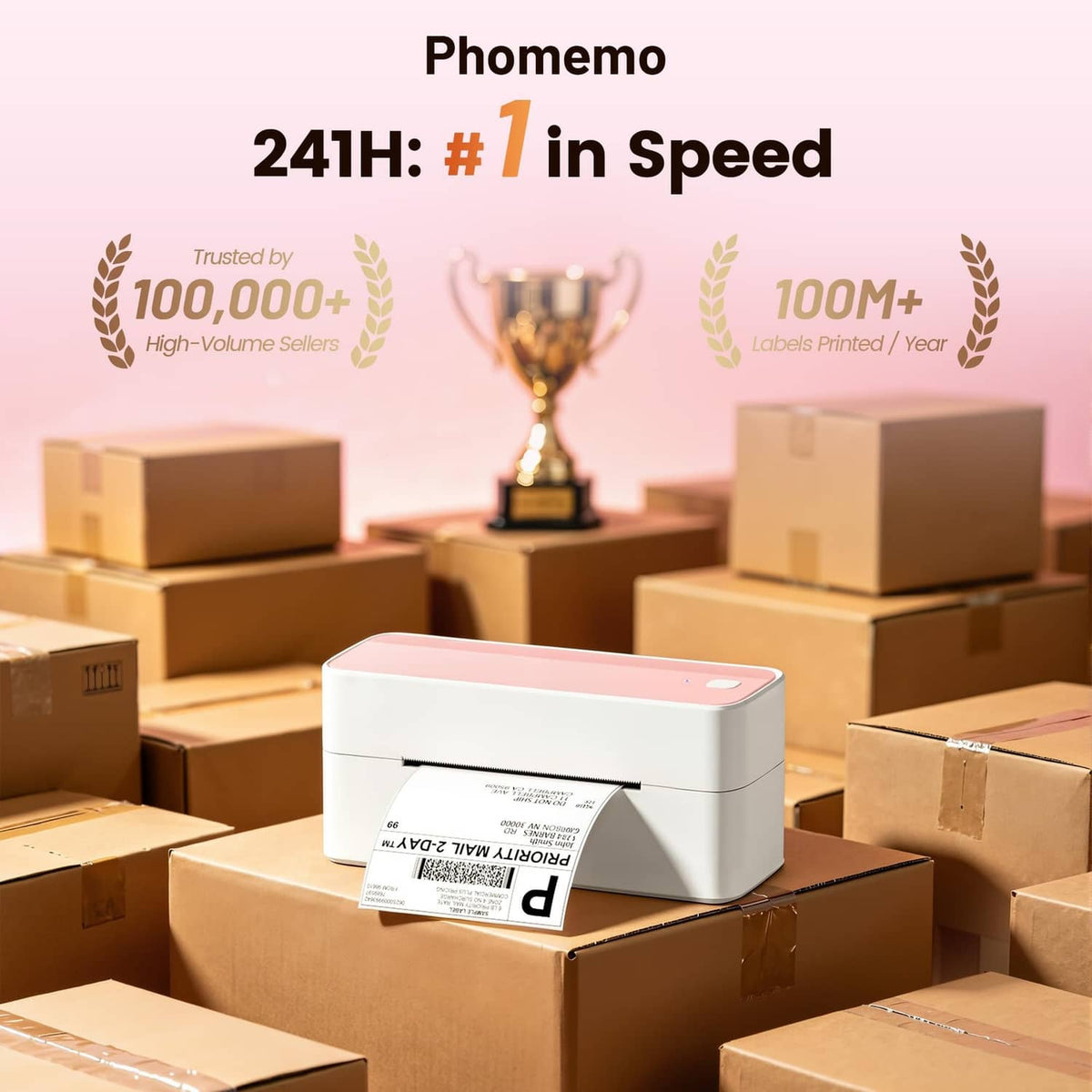 Pink-and-white label printer sitting on shipping boxes