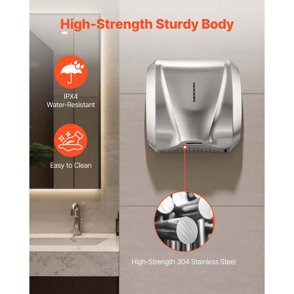 Brushed stainless steel hand dryer with textured intake grille and smooth protective casing