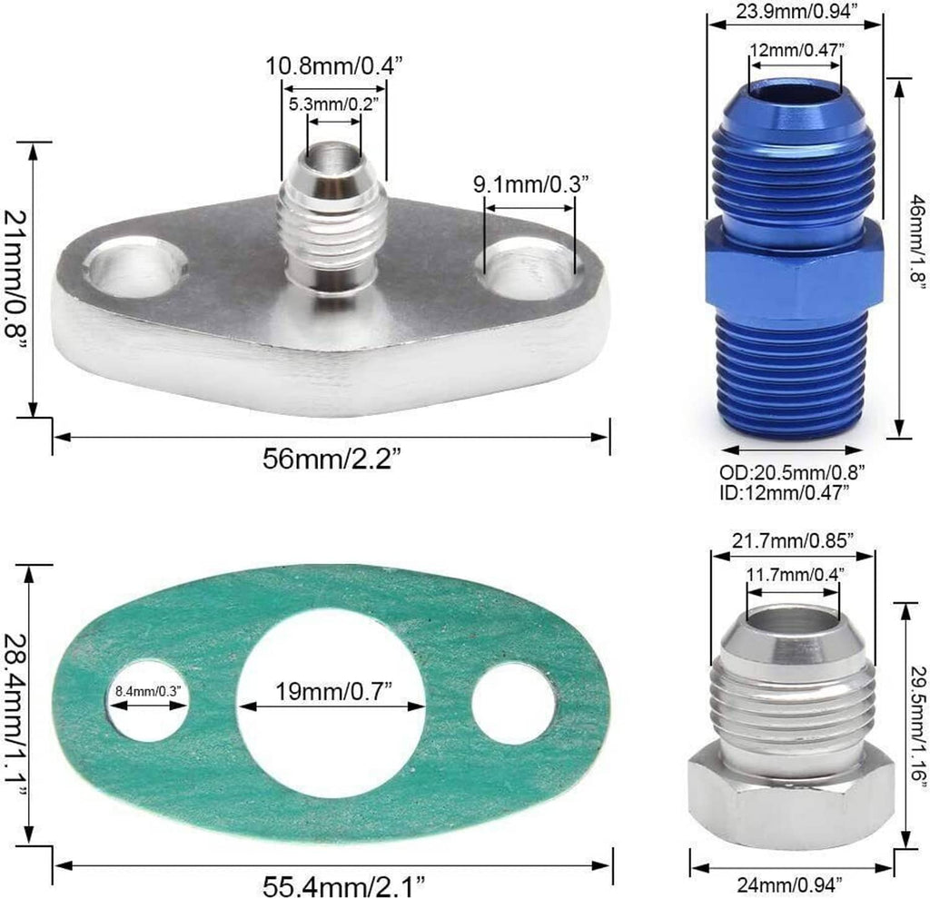 Oil feed line end fittings with metal mounting plate, blue threaded adapter, and teal gasket
