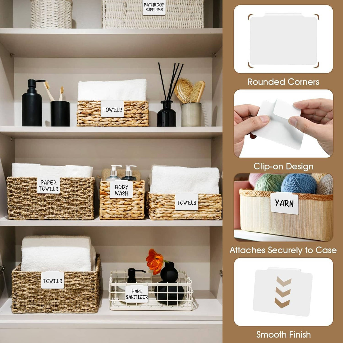 White label cards with rounded corners clipped to storage baskets on a shelf