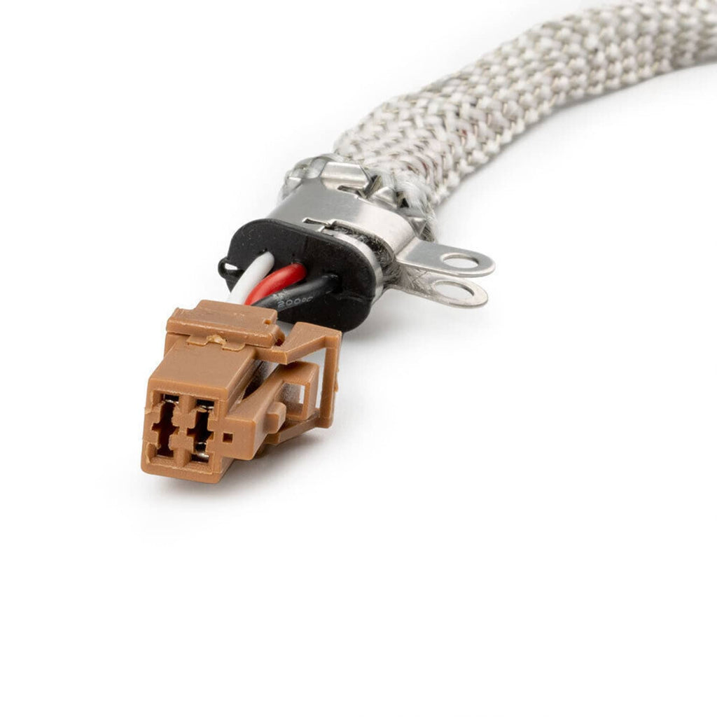 Braided wiring harness with brown electrical connector and metal mounting bracket