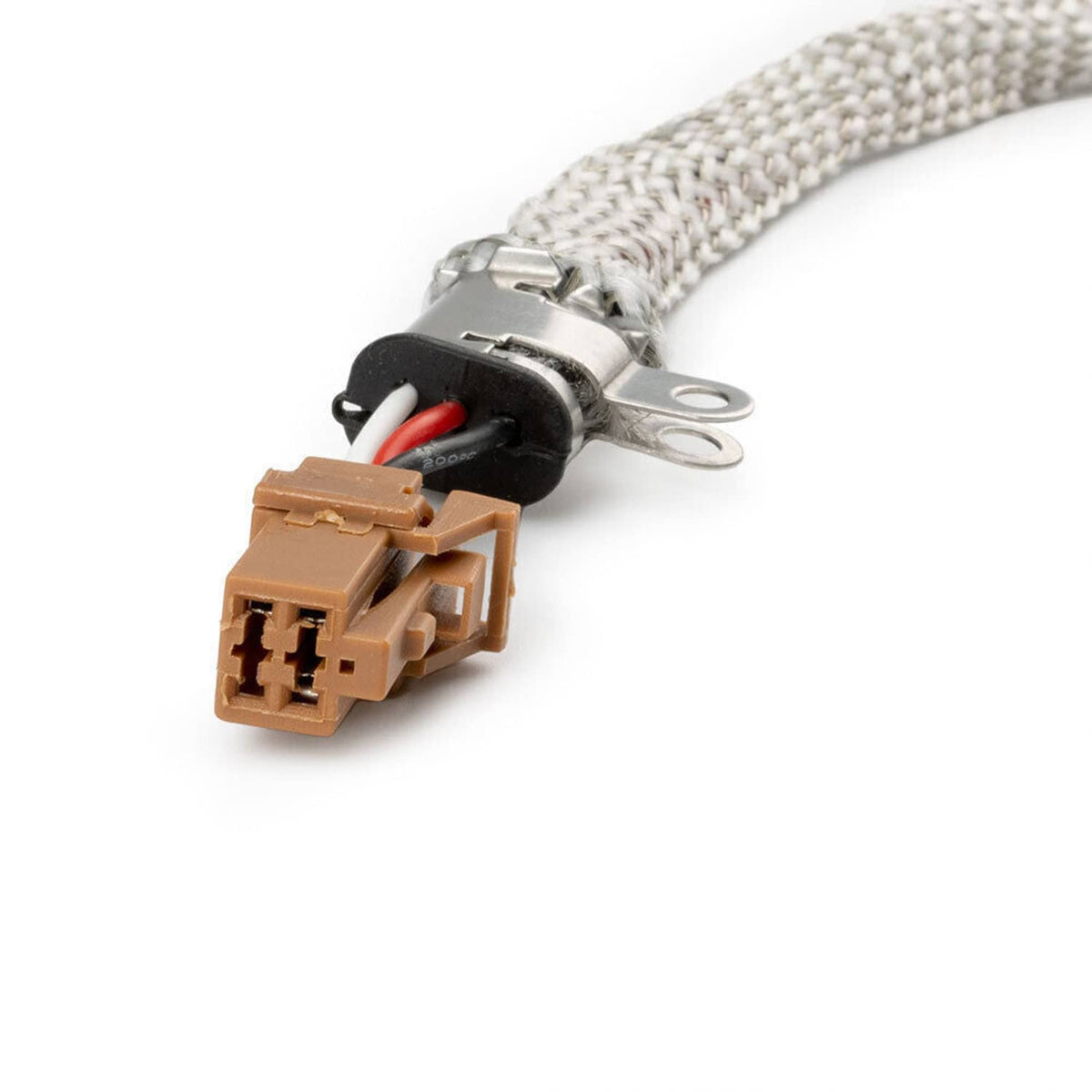Braided wiring harness with brown electrical connector and metal mounting bracket