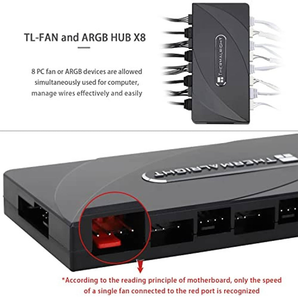Dark gray ARGB fan hub controller showing cable connections and port side