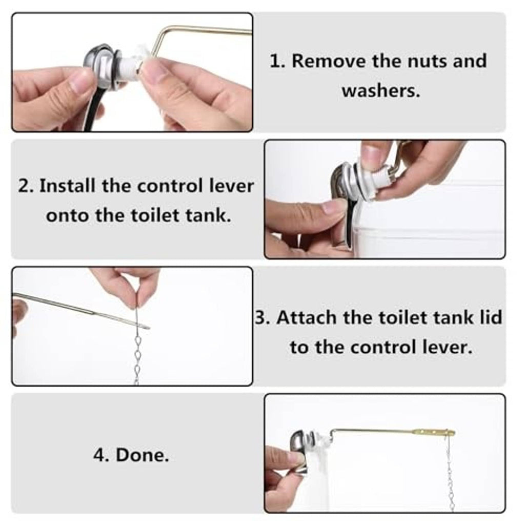 Toilet flush lever kit installation shown with hands attaching the lever and chain
