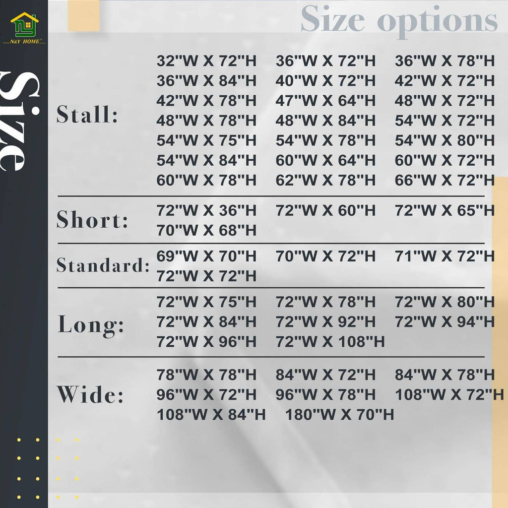 Shower curtain liner size options chart with widths and lengths listed