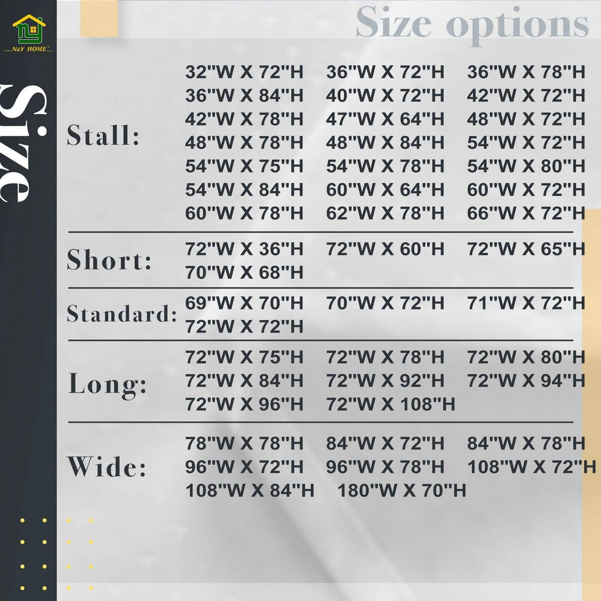 Shower curtain liner size options chart with widths and lengths listed