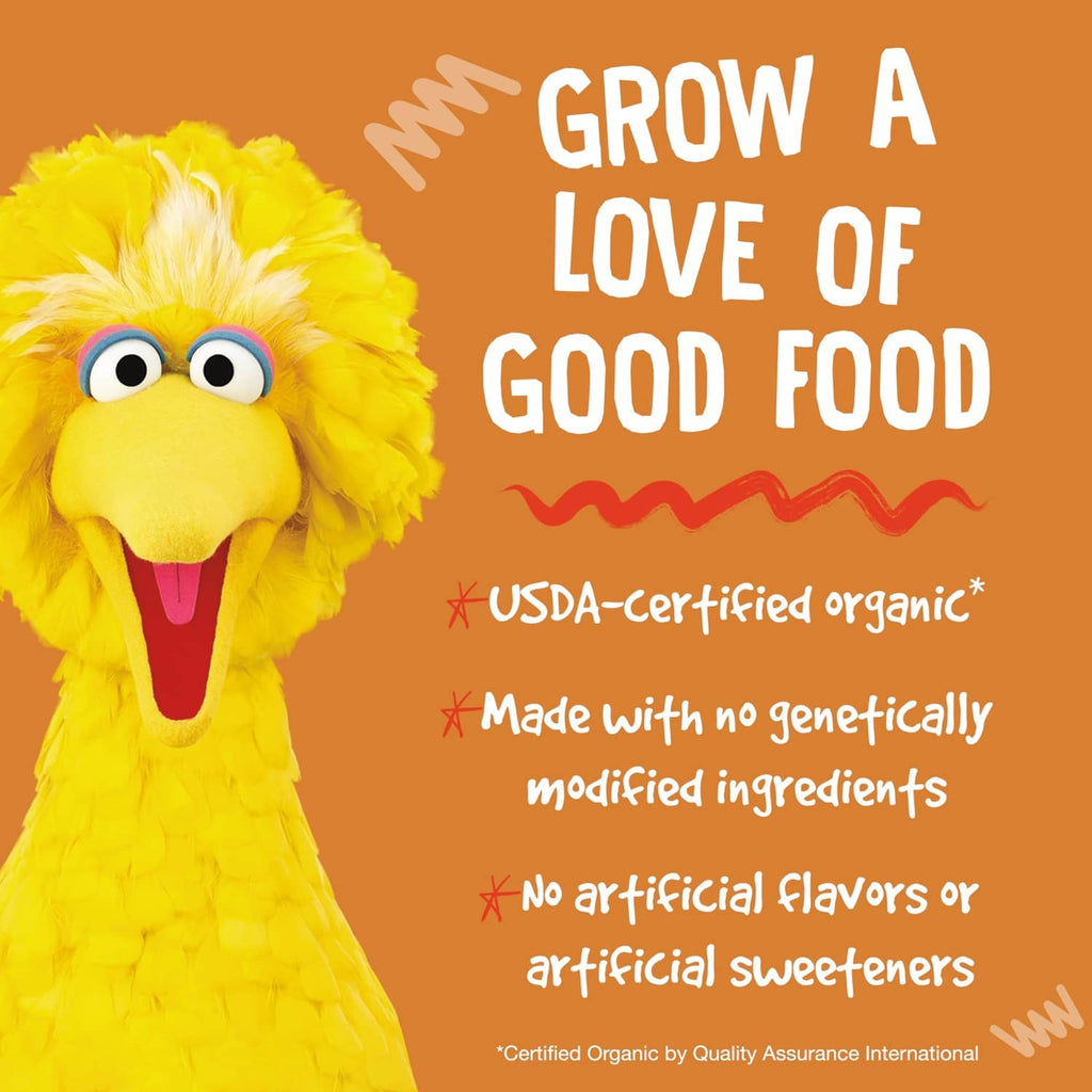 Sesame Street character on organic snack bar banner with USDA organic badge
