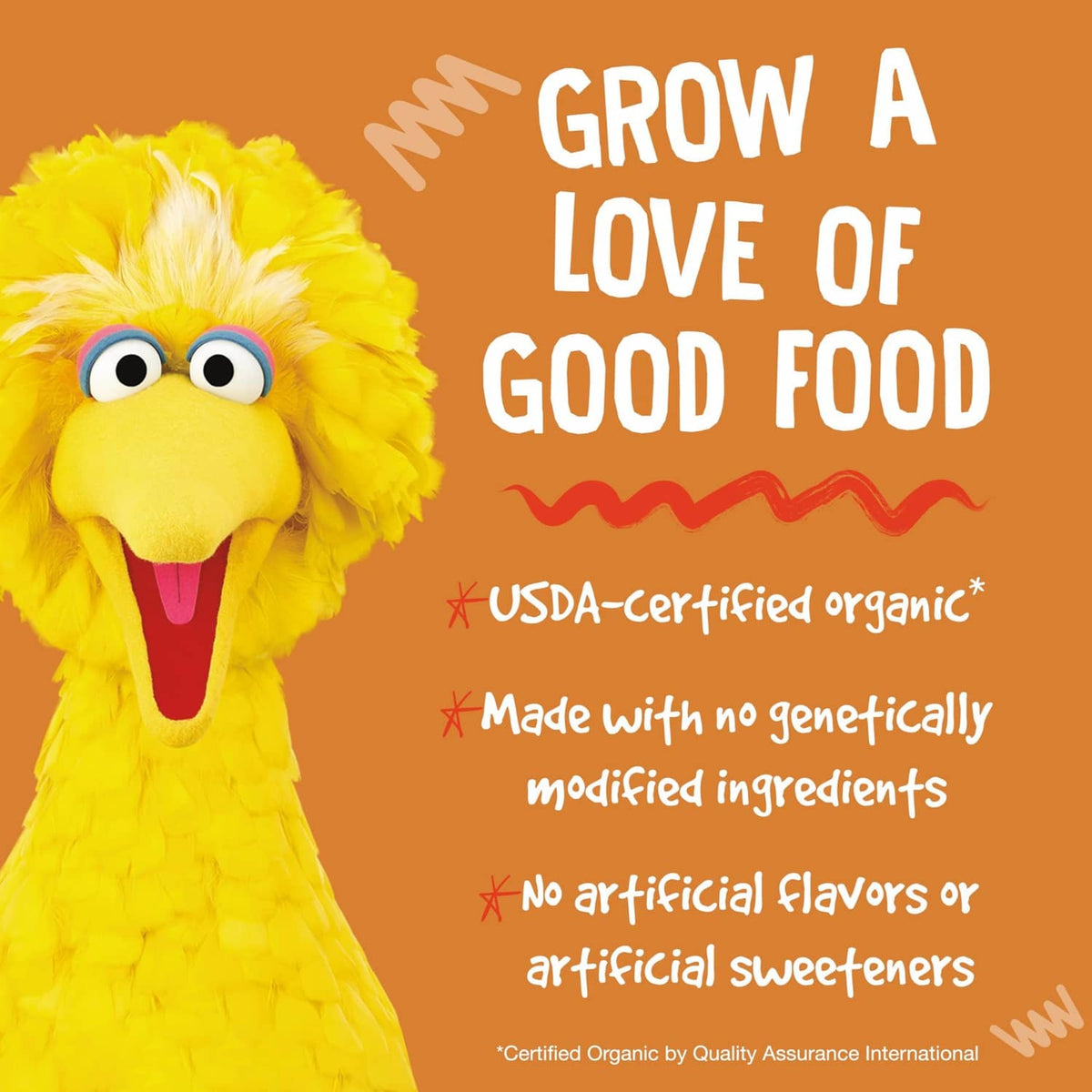 Sesame Street character on organic snack bar banner with USDA organic badge