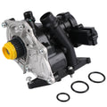 Water pump thermostat housing assembly with yellow oil filter cap and black hoses