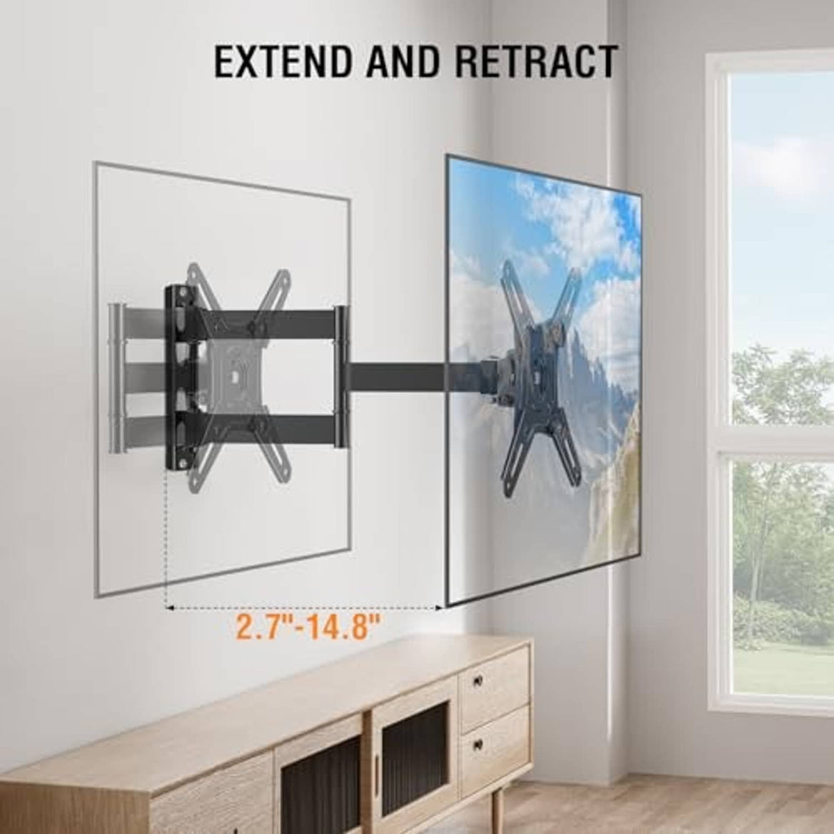 Full-motion TV wall mount bracket extending and retracting on a wall with monitor