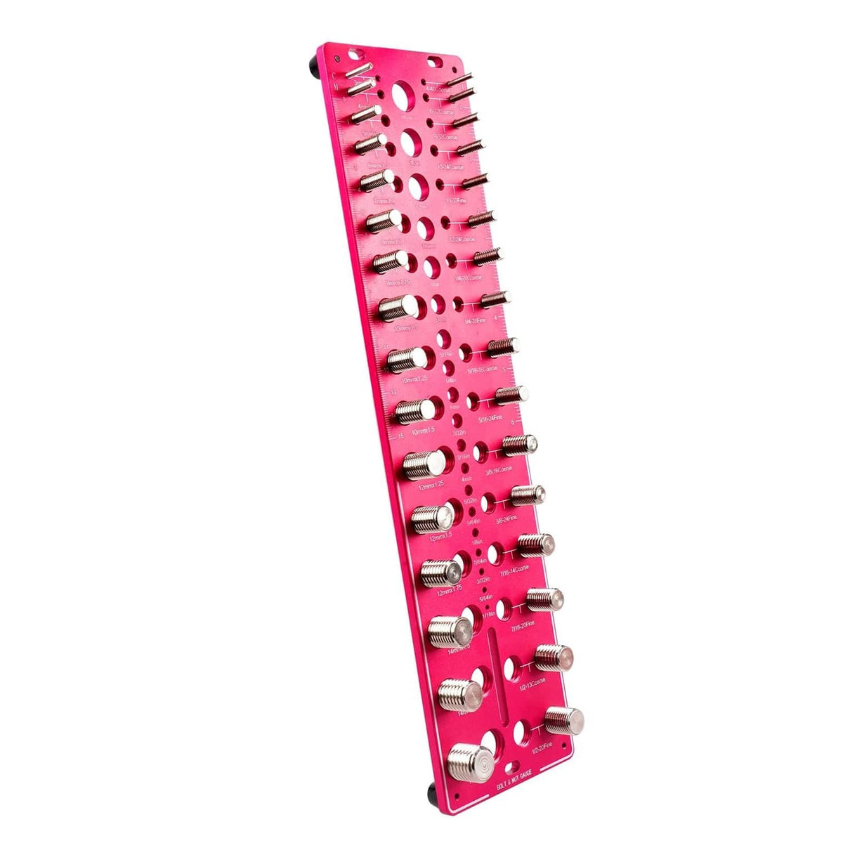 Red nut and bolt thread checker gauge with multiple SAE and metric slots