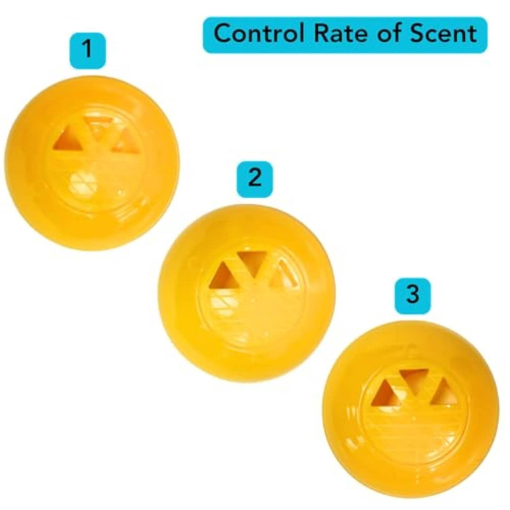 Three yellow 1-inch deodorizer spheres with star symbol on round plastic bodies.