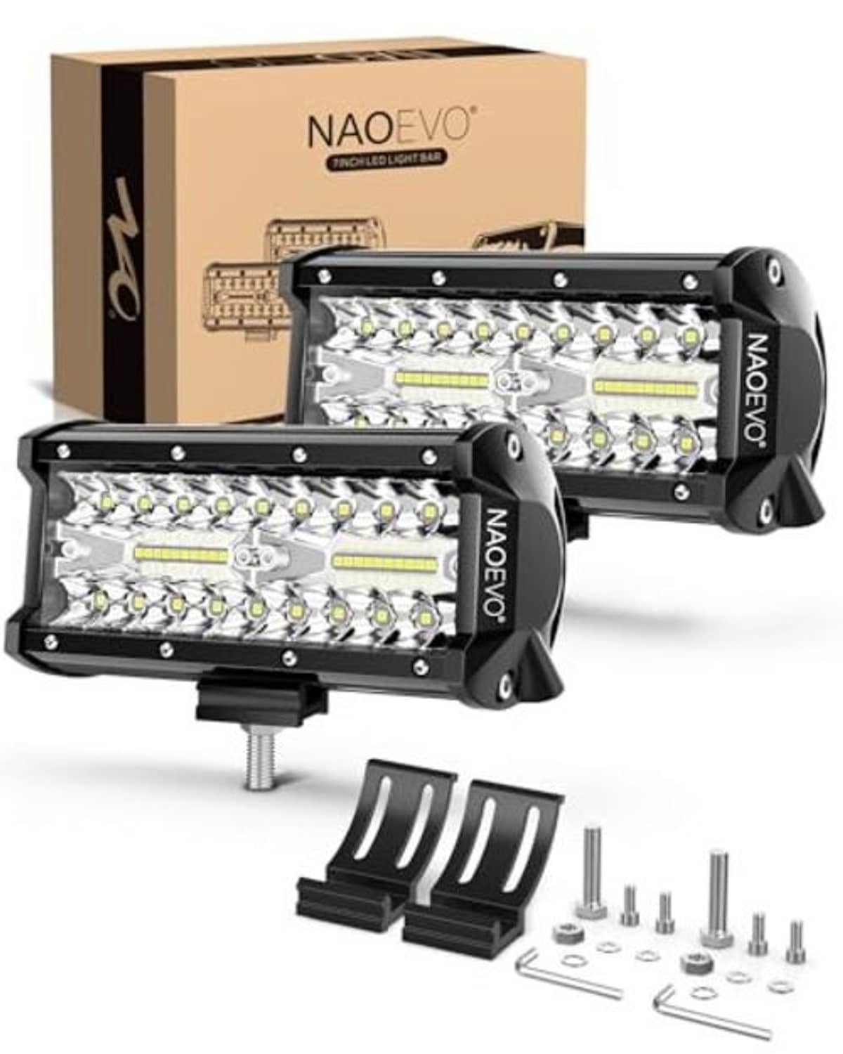 Two black 7-inch LED pod light bars with white LEDs and mounting hardware kit.