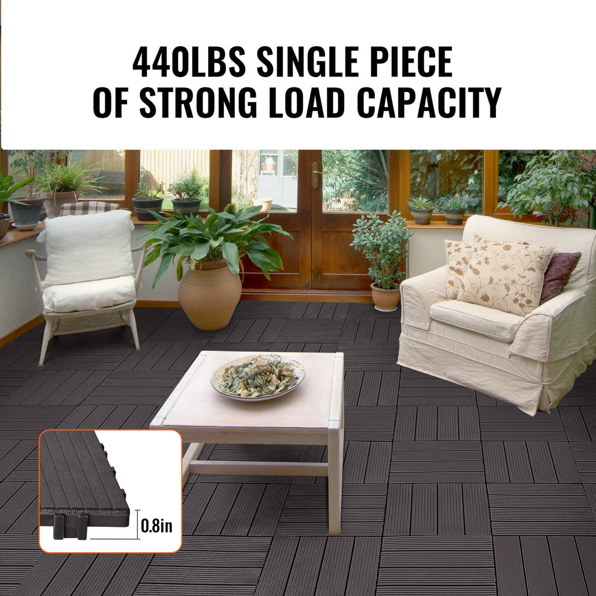 Dark brown interlocking deck tiles with textured surface and raised drainage ridges