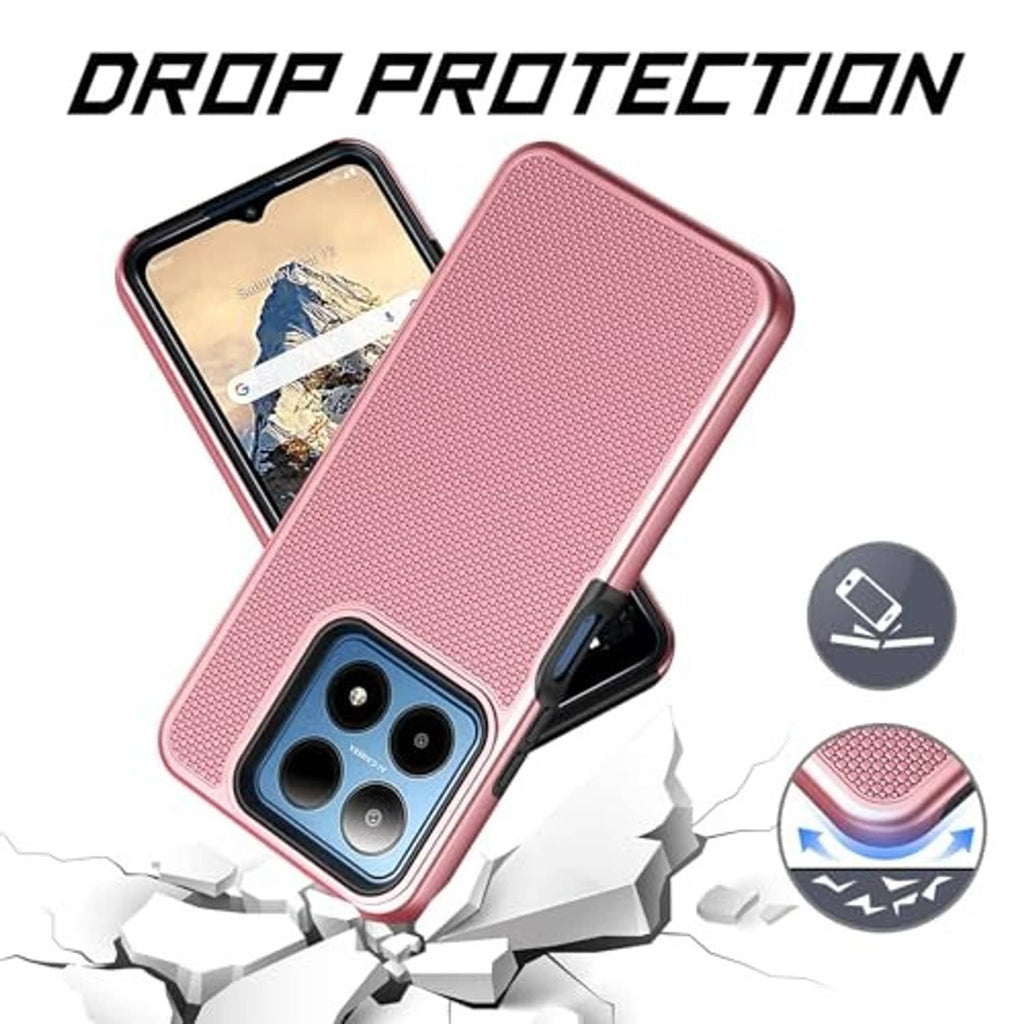 Rose gold textured phone case with screen protector, drop protection corners and camera opening