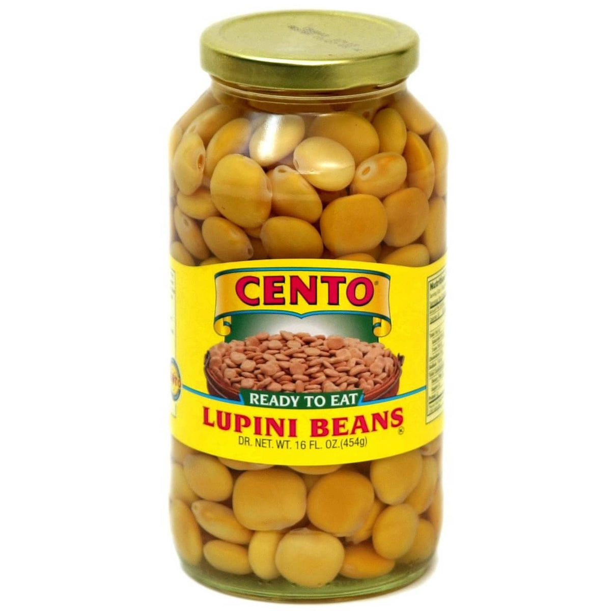 Cento lupini beans jar with green lid, front label, ready to eat