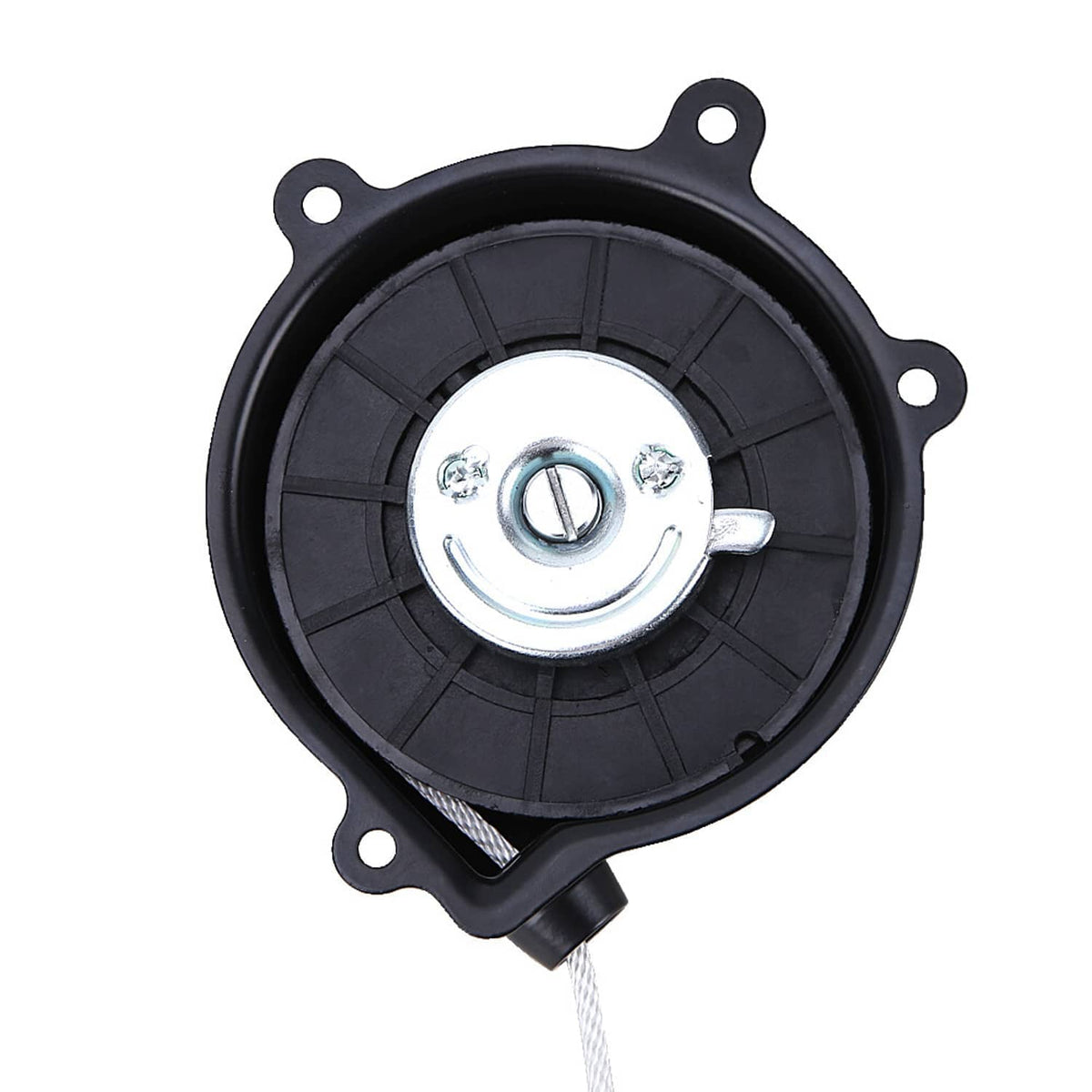 Black recoil starter drum with metal center insert and rope exit