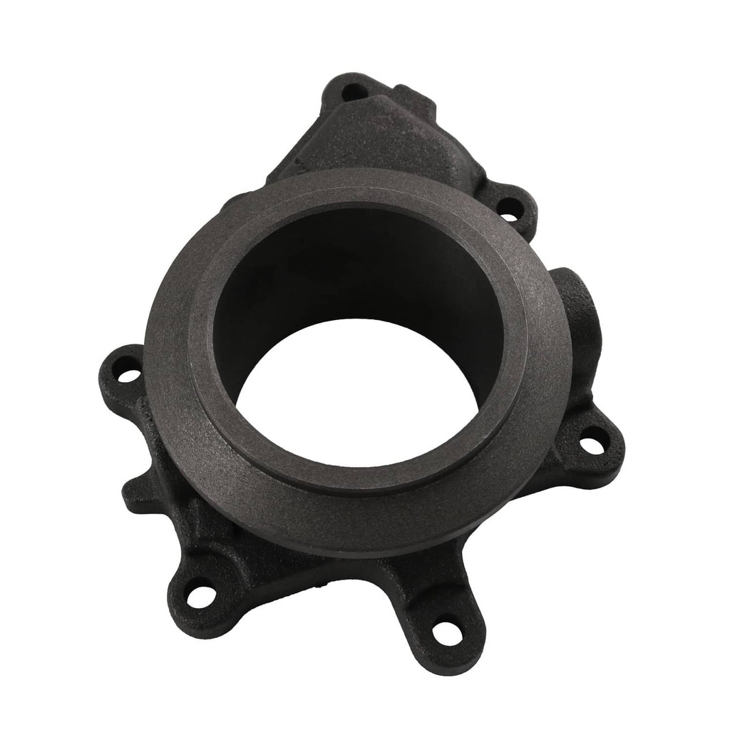 Turbo exhaust housing pedestal with circular inlet flange and bolt holes, dark finish