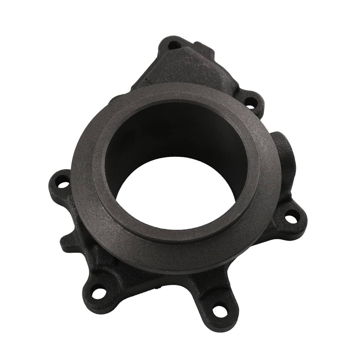 Turbo exhaust housing pedestal with circular inlet flange and bolt holes, dark finish