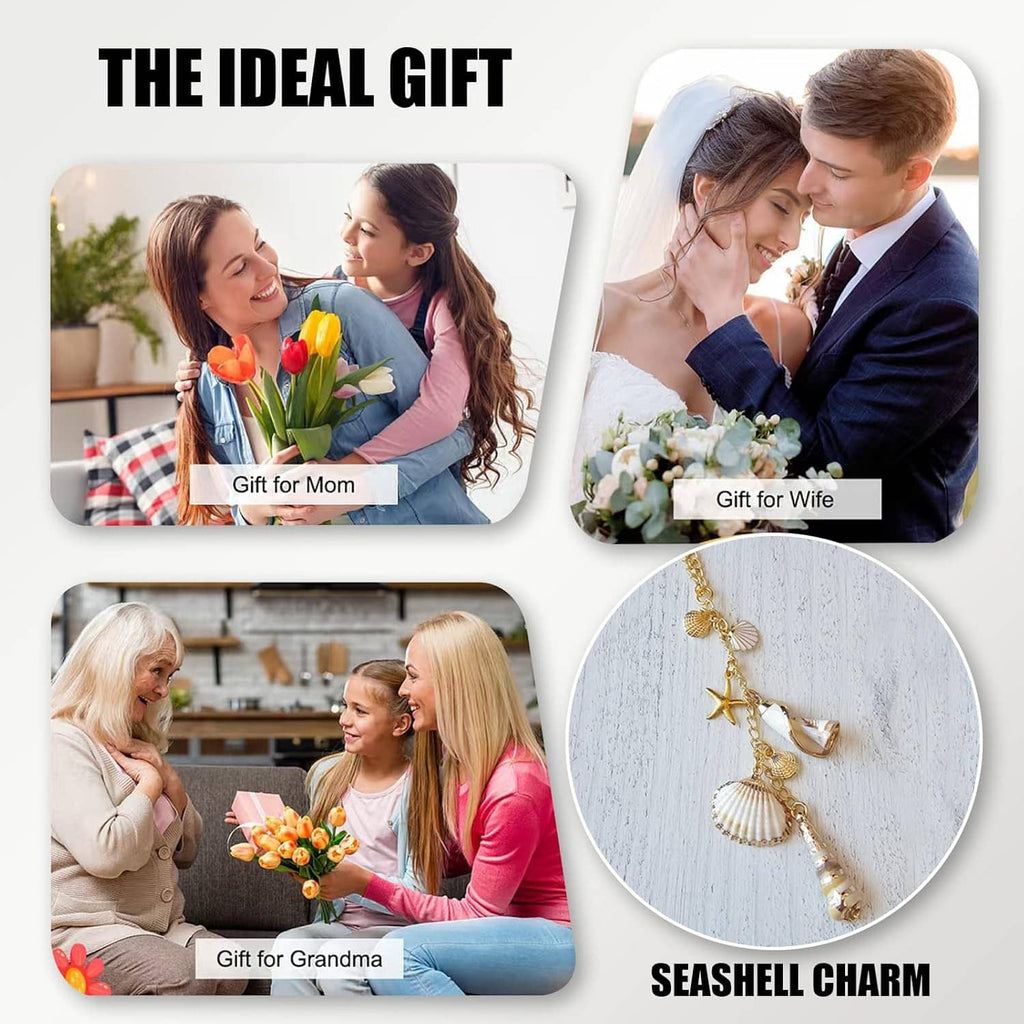 Gold seashell charm with starfish and shell pendants on a hanging chain